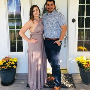 Lulu’s “Trick of the Trade” convertible Maxi Dress. Taupe